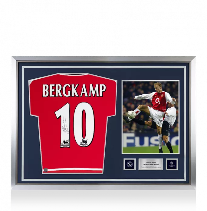 icons Dennis Bergkamp Official UEFA Champions League Back Signed and Hero Framed Arsenal 2002-04 Home Shirt