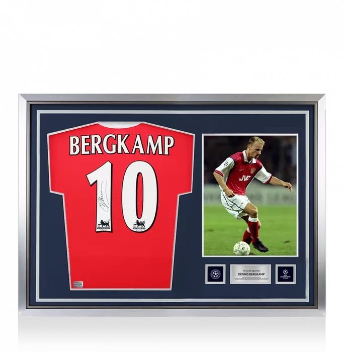 icons Dennis Bergkamp Official UEFA Champions League Back Signed and Hero Framed Arsenal 1998-99 Home Shirt