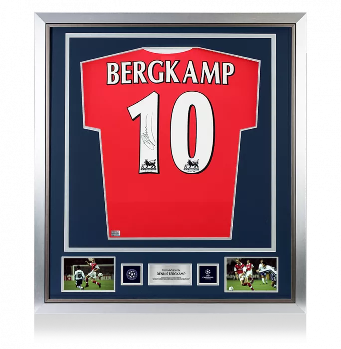 icons Dennis Bergkamp Official UEFA Champions League Back Signed and Framed Arsenal 1998-99 Home Shirt
