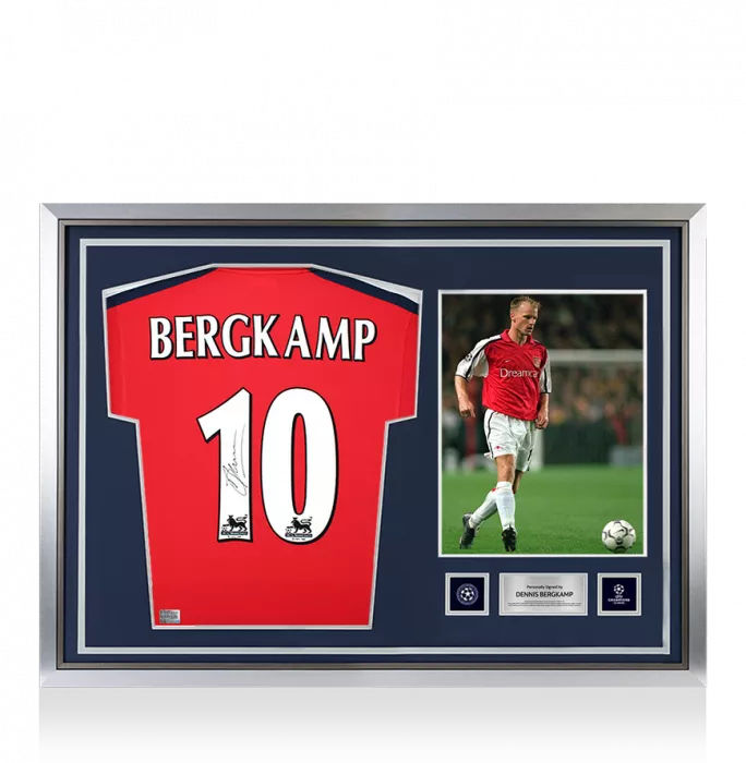 icons Dennis Bergkamp Official UEFA Champions League Back Signed and Hero Framed Arsenal 2000-02 Shirt