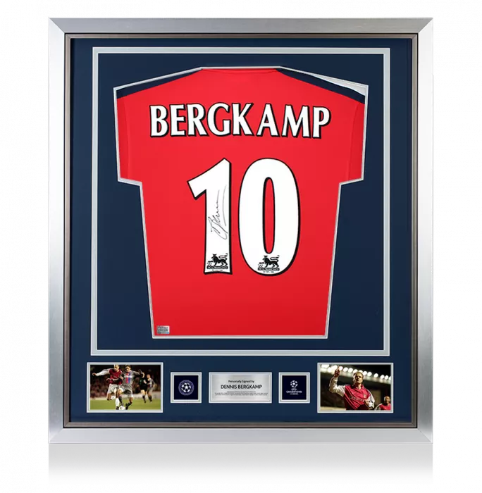 icons Dennis Bergkamp Official UEFA Champions League Back Signed and Framed Arsenal 2000-02 Shirt