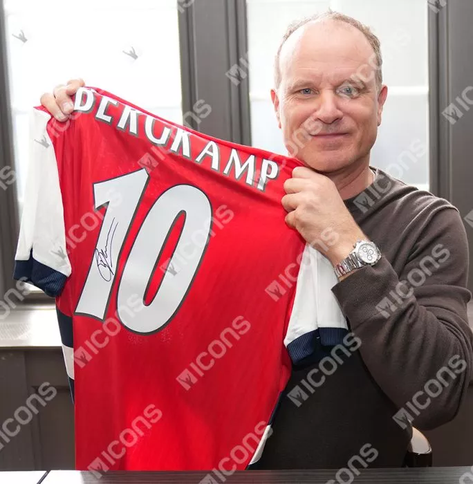 Icons Dennis Bergkamp Official UEFA Champions League Back Signed And Framed Arsenal Icon Home Shirt With Fan Style Numbers