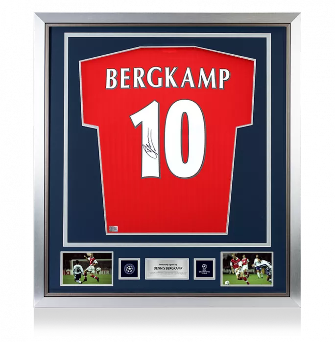 icons Dennis Bergkamp Official UEFA Champions League Back Signed and Framed Arsenal Icon Home Shirt with Fan Style Numbers