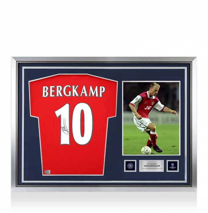 icons Dennis Bergkamp Official UEFA Champions League Back Signed and Hero Framed Arsenal Icon Home Shirt with Fan Style Numbers