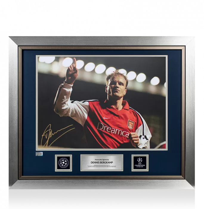 icons Dennis Bergkamp Official UEFA Champions League Signed and Framed Arsenal Photo: UEFA Champions League Goal