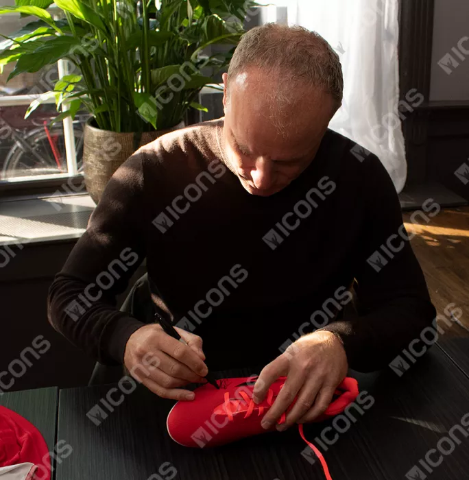 Icons Dennis Bergkamp Official UEFA Europa League Signed Red Adidas X Boot In Acrylic Case