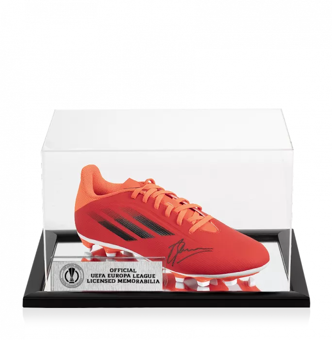 icons Dennis Bergkamp Official UEFA Europa League Signed Red Adidas X Boot In Acrylic Case