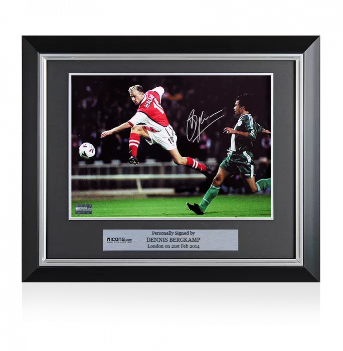 icons Dennis Bergkamp Signed and Framed Arsenal Photo: Volley vs Panathinaikos