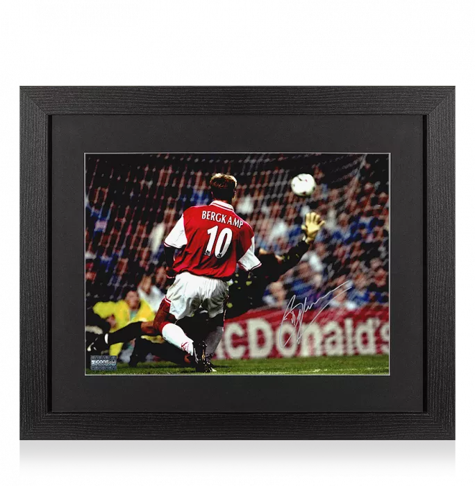 icons Dennis Bergkamp Signed Arsenal Photo In Black Wooden Frame: Legendary Goal vs Leicester City