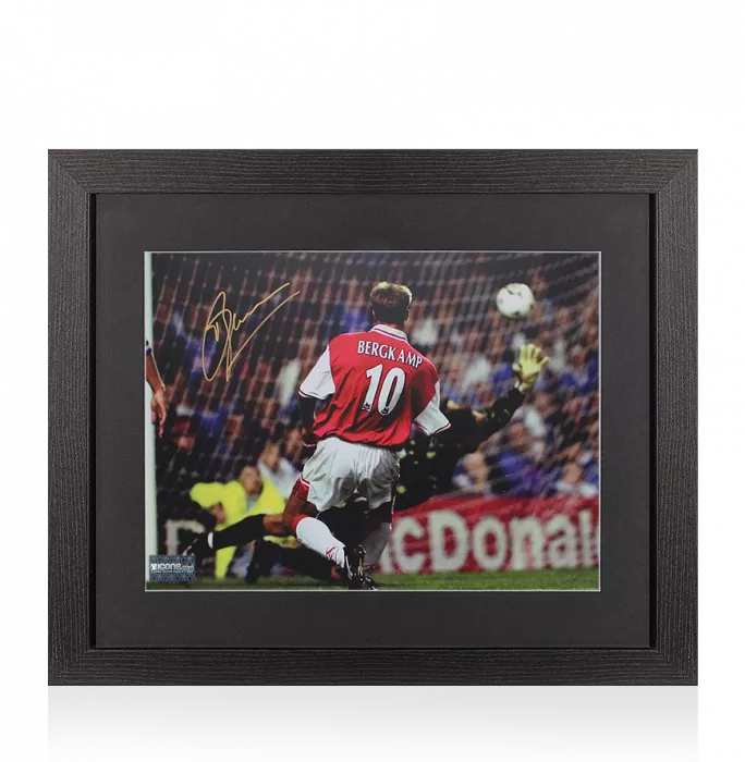 icons Dennis Bergkamp Signed Arsenal Photo In Black Wooden Frame: Goal vs Leicester City
