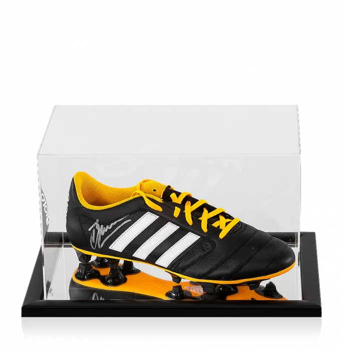 Icons Dennis Bergkamp Signed Black And Yellow Adidas Gloro Boot In Acrylic Case