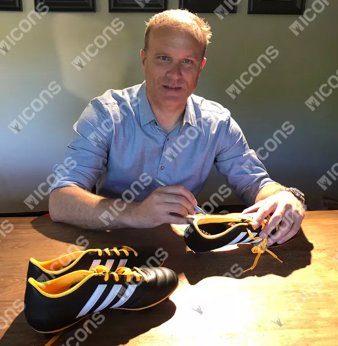 Icons Dennis Bergkamp Signed Black And Yellow Adidas Gloro Boot In Bubble Frame: Option 1