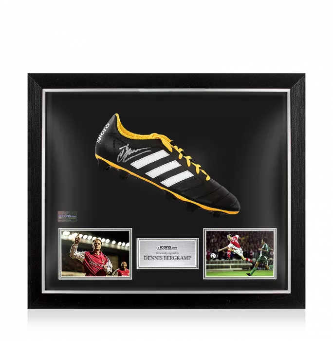 Icons Dennis Bergkamp Signed Black And Yellow Adidas Gloro Boot In Bubble Frame: Option 1