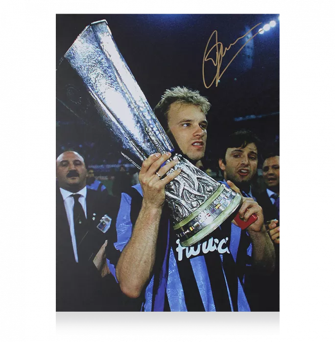 Icons Dennis Bergkamp Signed Internazionale Photo In Black Wooden Frame: UEFA Cup Winner