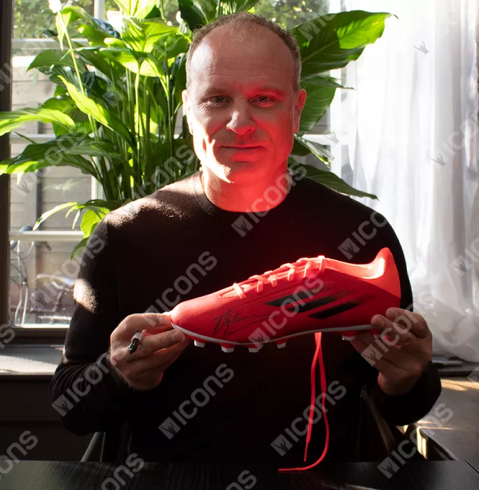 Icons Dennis Bergkamp Signed Red Adidas X Boot In Acrylic Case