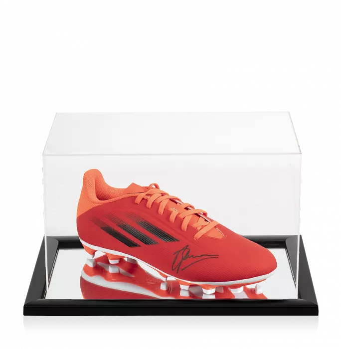 icons Dennis Bergkamp Signed Red Adidas X Boot In Acrylic Case