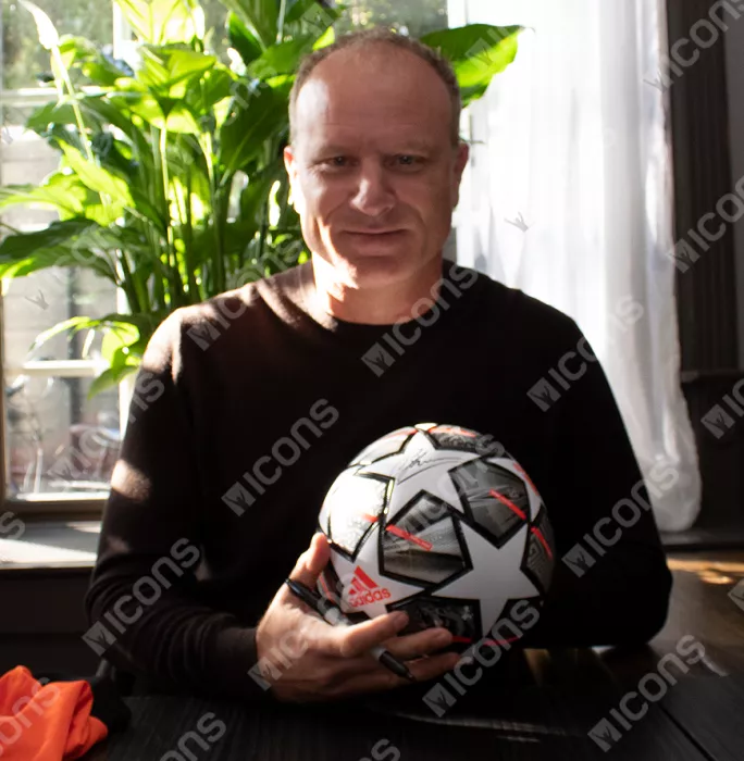 Icons Dennis Bergkamp Signed UEFA Champions League Football In Acrylic Case