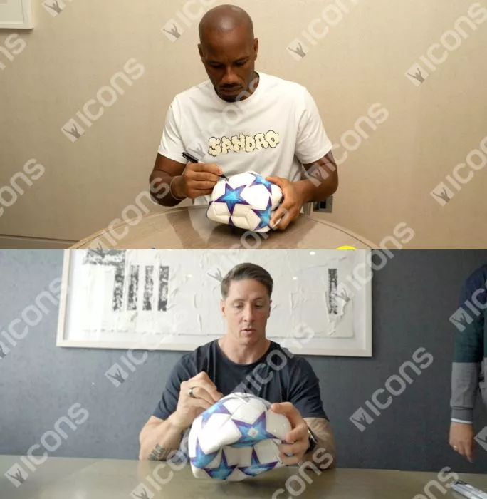 Icons Didier Drogba And Fernando Torres Official UEFA Champions League Dual Signed Football In Acrylic Case