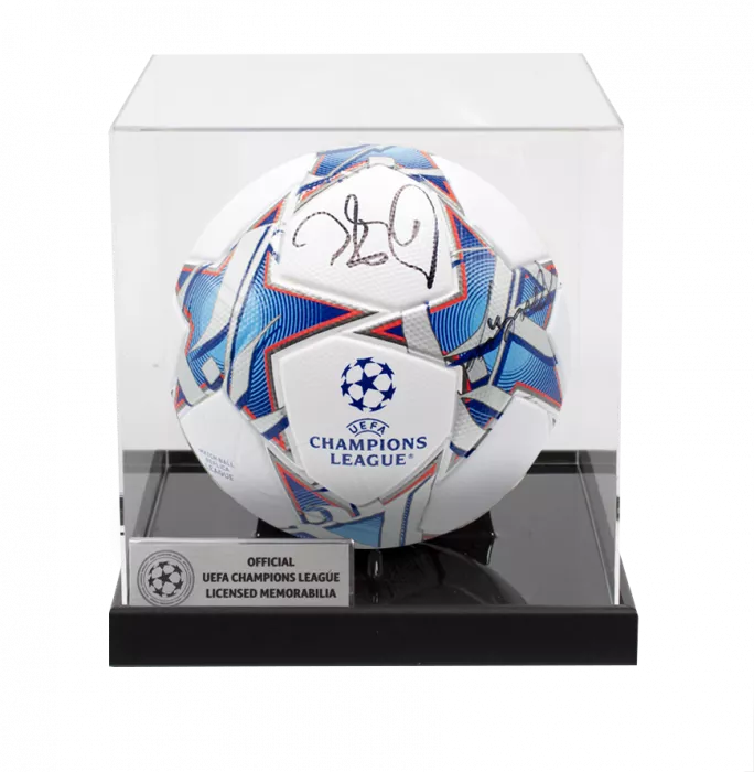 icons Didier Drogba and Petr Cech Official UEFA Champions League Dual Signed Football In Acrylic Case