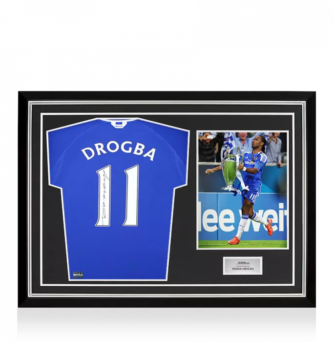 icons Didier Drogba Back Signed Chelsea 2000-01 Home Shirt with Fan Style Numbers In Hero Frame: Option 1