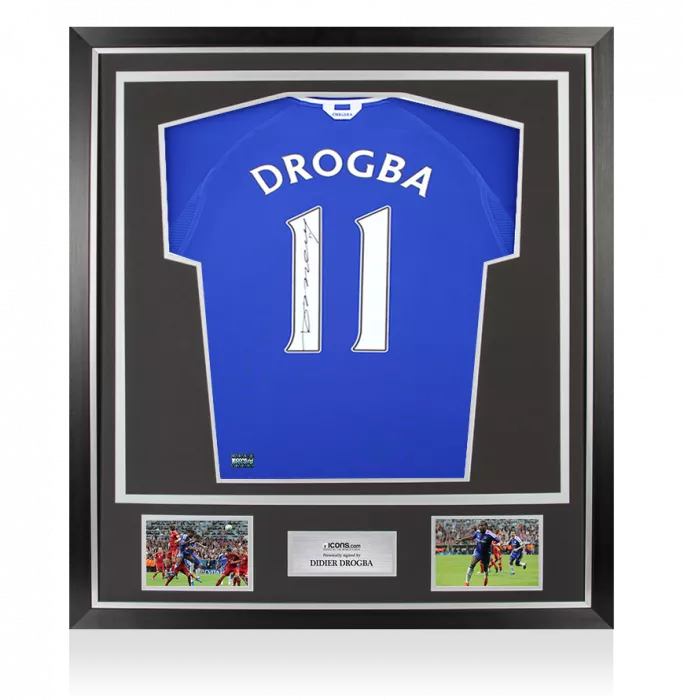 icons Didier Drogba Back Signed Chelsea 2000-01 Home Shirt with Fan Style Numbers In Classic Frame