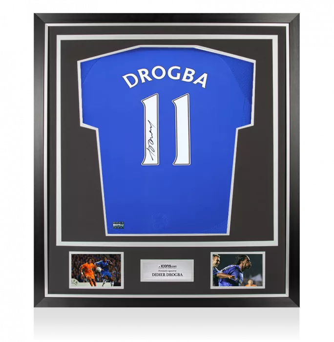 icons Didier Drogba Back Signed Chelsea 2006-08 Home Shirt with Fan Style Number In Classic Frame