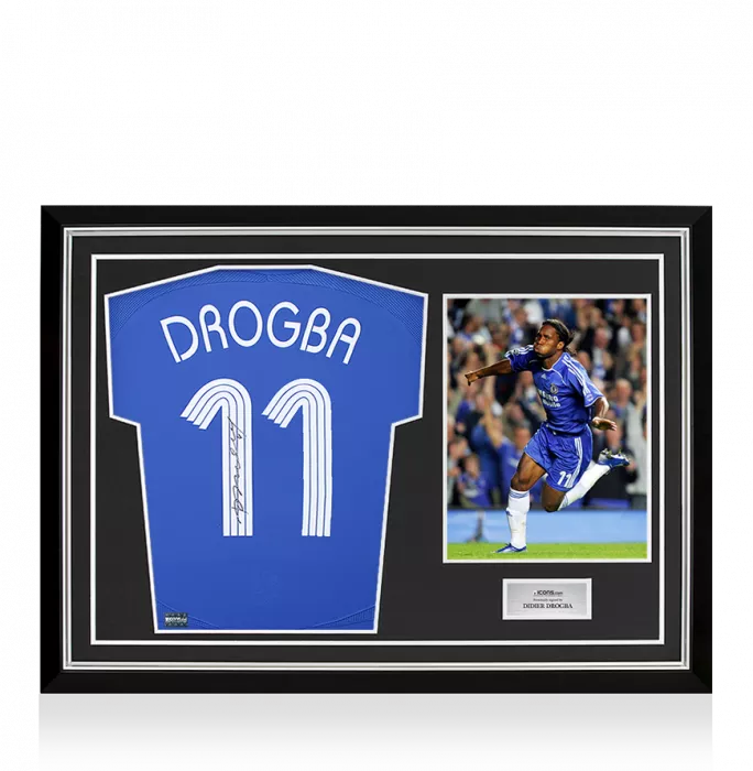 icons Didier Drogba Back Signed Chelsea 2006-08 Home Shirt In Hero Frame: Option 1