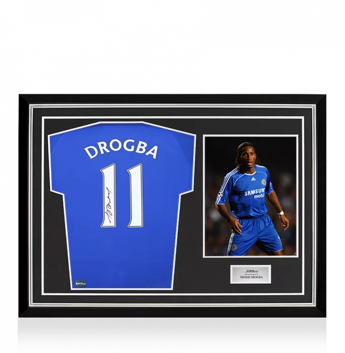 icons Didier Drogba Back Signed Chelsea 2006-08 Home Shirt with Fan Style Number In Hero Frame: Option 1