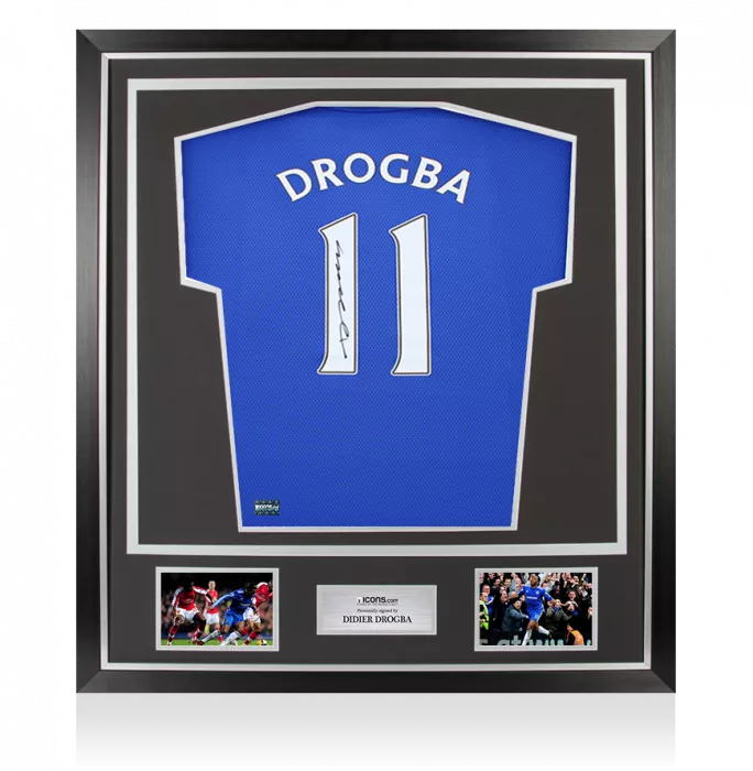 icons Didier Drogba Back Signed Chelsea 2009-10 Home Shirt with Fan Style Number In Classic Frame