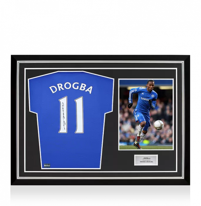 icons Didier Drogba Back Signed Chelsea 2009-10 Home Shirt with Fan Style Number In Hero Frame: Option 1