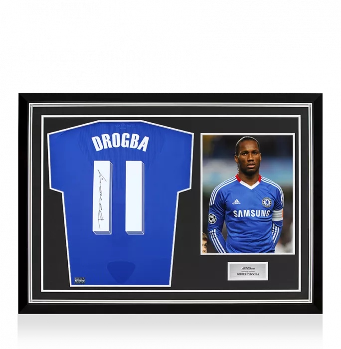 icons Didier Drogba Back Signed Chelsea 2010-11 Home Shirt with Fan Style Numbers In Hero Frame: Option 1