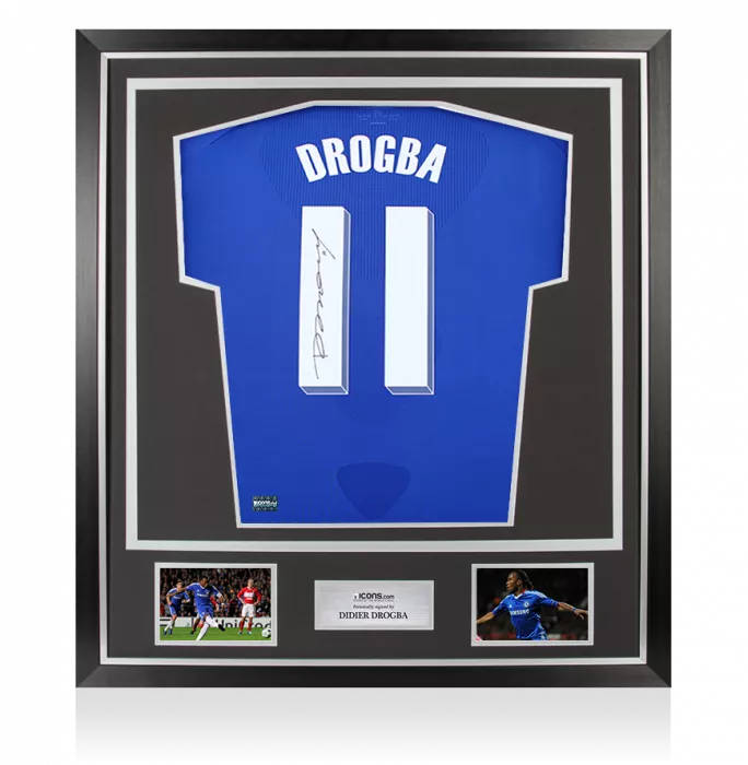 icons Didier Drogba Back Signed Chelsea 2010-11 Home Shirt with Fan Style Numbers In Classic Frame