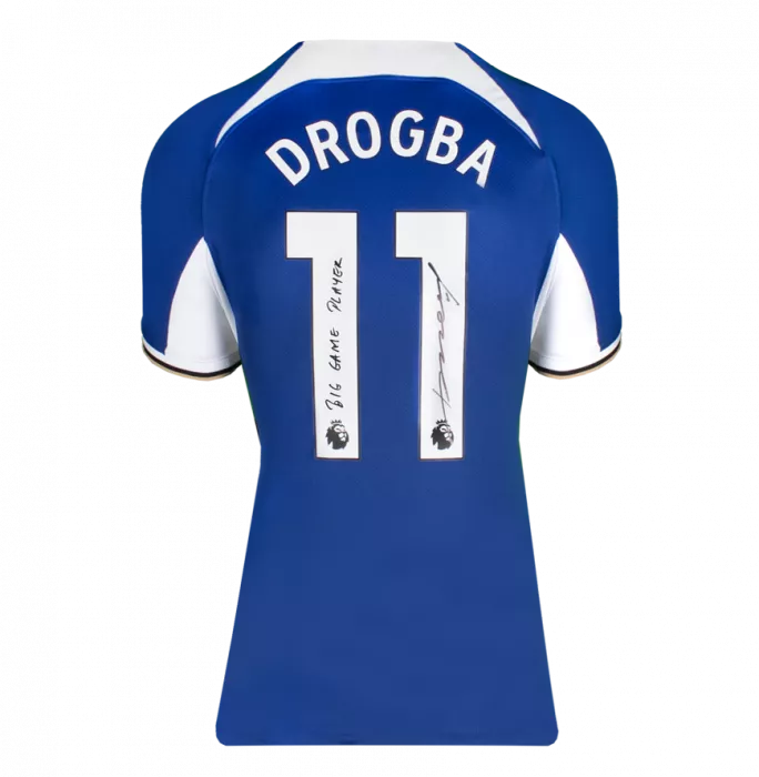Icons Didier Drogba Back Signed Chelsea 2023-24 Home Shirt - "Big Game Player" Inscription In Classic Frame