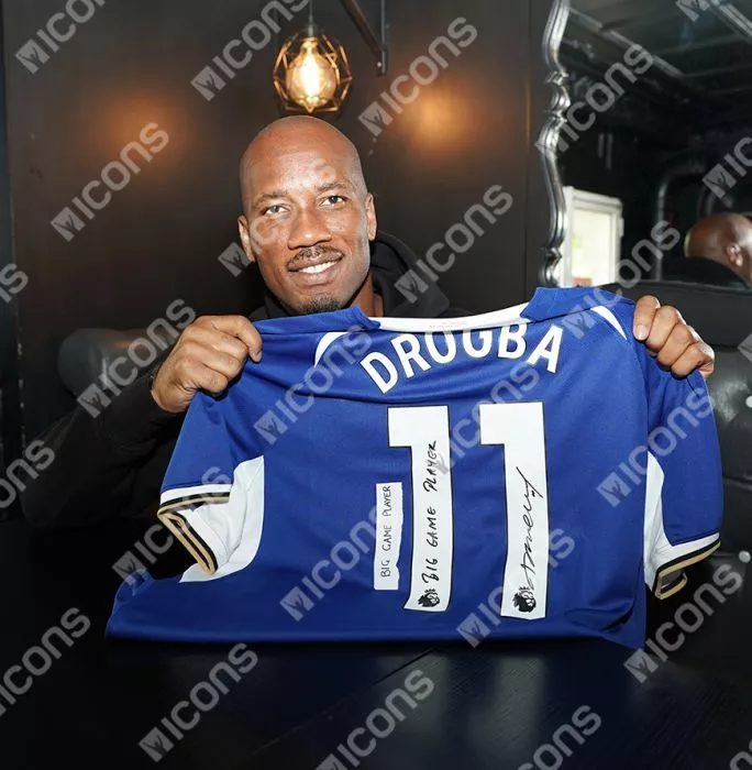 Icons Didier Drogba Back Signed Chelsea 2023-24 Home Shirt - "Big Game Player" Inscription In Classic Frame