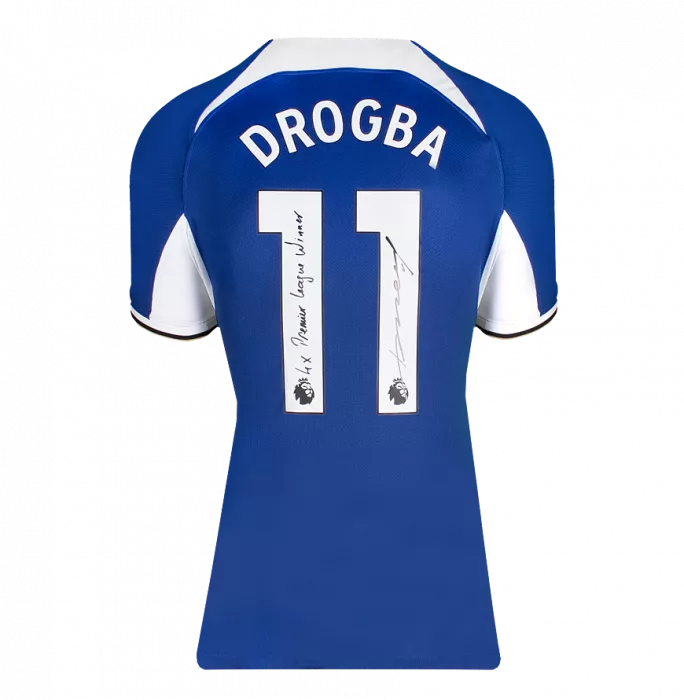 Icons Didier Drogba Back Signed Chelsea 2023-24 Home Shirt - "4x Premier League Winner" Inscription In Classic Frame
