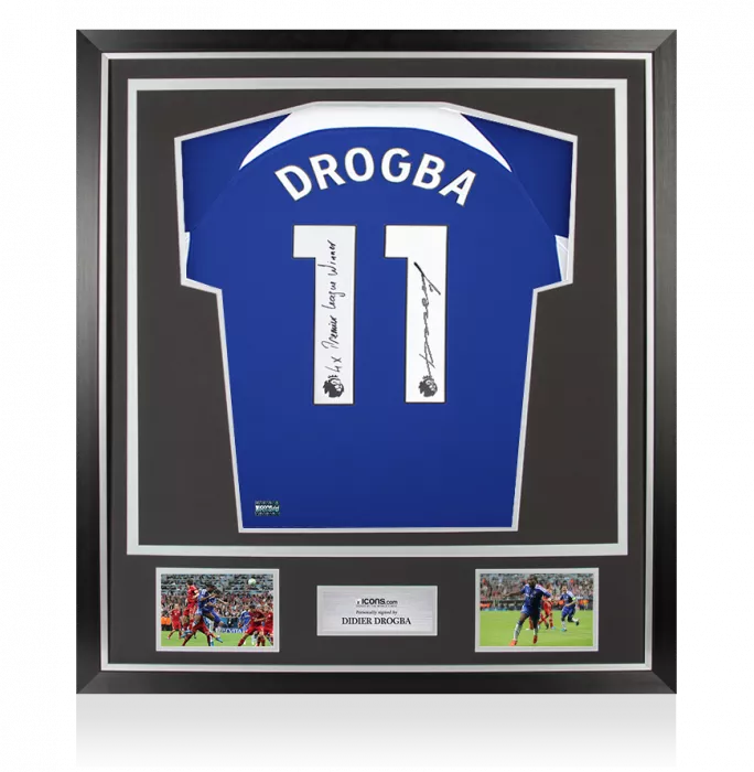 icons Didier Drogba Back Signed Chelsea 2023-24 Home Shirt - "4x Premier League Winner" Inscription In Classic Frame