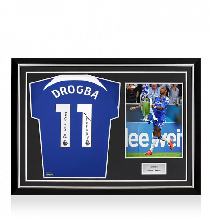 icons Didier Drogba Back Signed Chelsea 2023-24 Home Shirt - "Big Game Player" Inscription In Hero Frame: Option 1