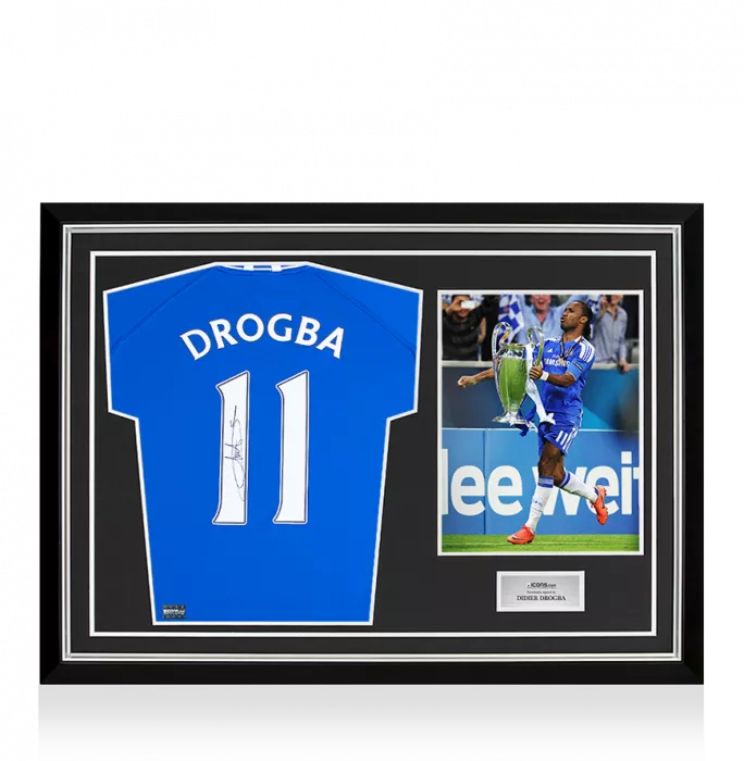 icons Didier Drogba Back Signed Chelsea Retro Home Shirt In Hero Frame: Option 1