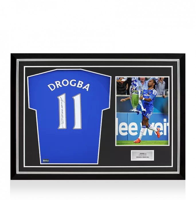 icons Didier Drogba Back Signed Chelsea T-Shirt with Fan Style Numbers In Hero Frame: Option 1