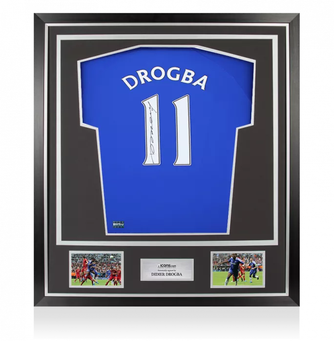 icons Didier Drogba Back Signed Chelsea T-Shirt with Fan Style Numbers In Classic Frame