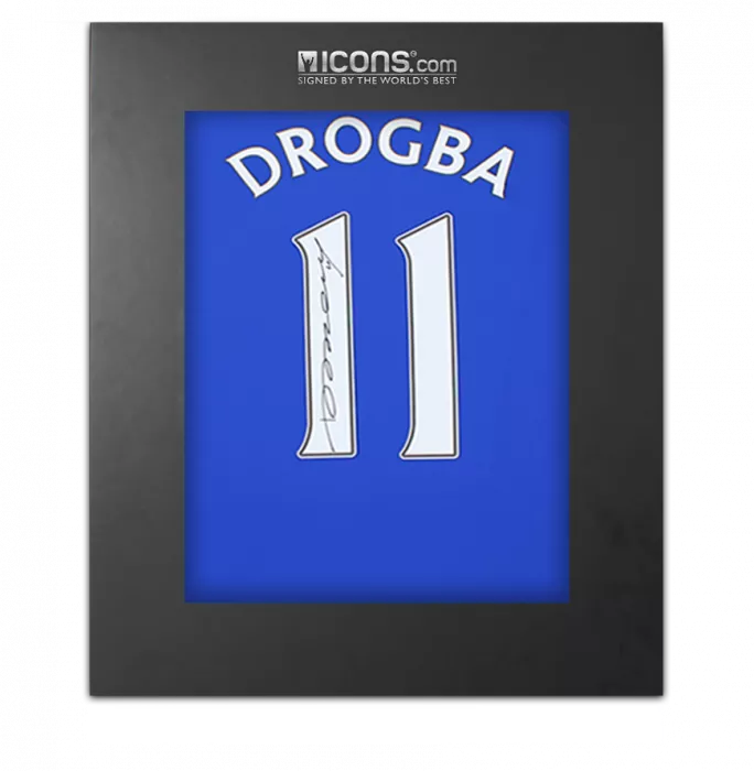 icons Didier Drogba Back Signed Chelsea T-Shirt with Fan Style Numbers In Deluxe Packaging