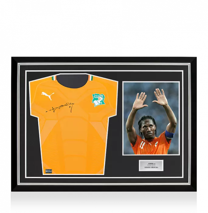 icons Didier Drogba Front Signed Ivory Coast 2022 Home Shirt In Hero Frame: Option 1