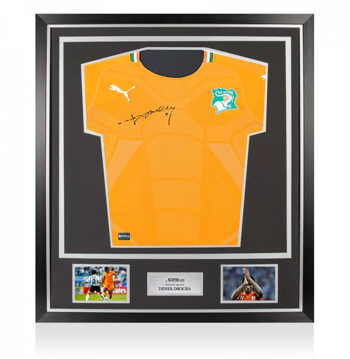 icons Didier Drogba Front Signed Ivory Coast 2022 Home Shirt In Classic Frame