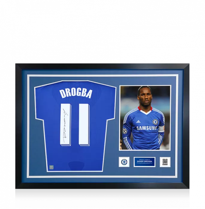 icons Didier Drogba Official Chelsea FC Signed and Framed Chelsea 2010-11 Home Shirt with Fan Style Numbers