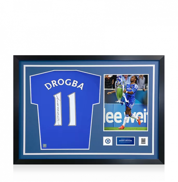 icons Didier Drogba Official Chelsea FC Signed and Framed Chelsea T-Shirt with Fan Style Numbers