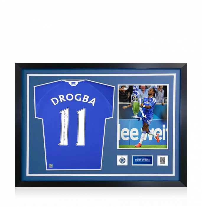 icons Didier Drogba Official Chelsea FC Signed and Framed Chelsea 2000-01 Home Shirt with Fan Style Numbers