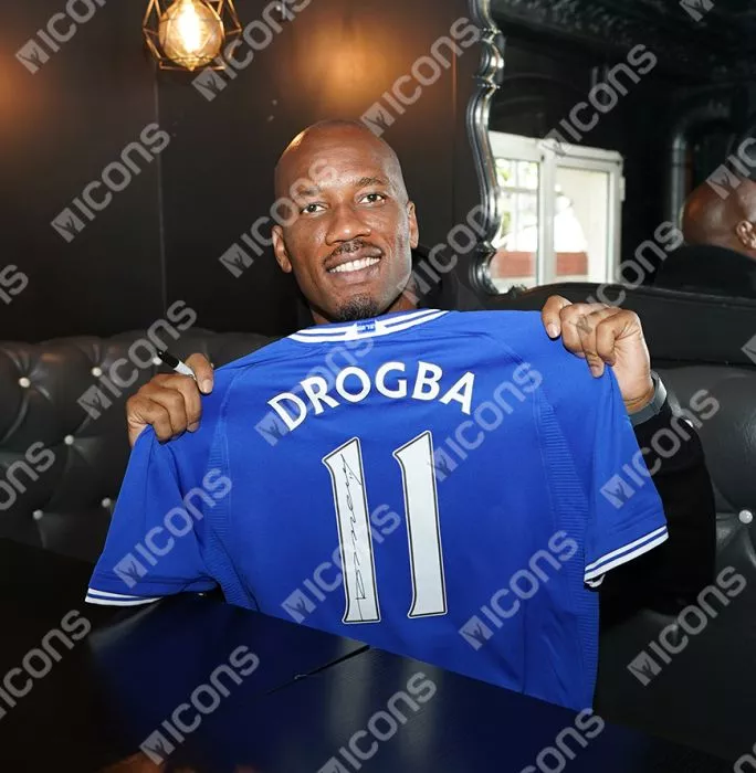 Icons Didier Drogba Official UEFA Champions League Back Signed And Hero Framed Chelsea 2000-01 Home Shirt With Fan Style Numbers