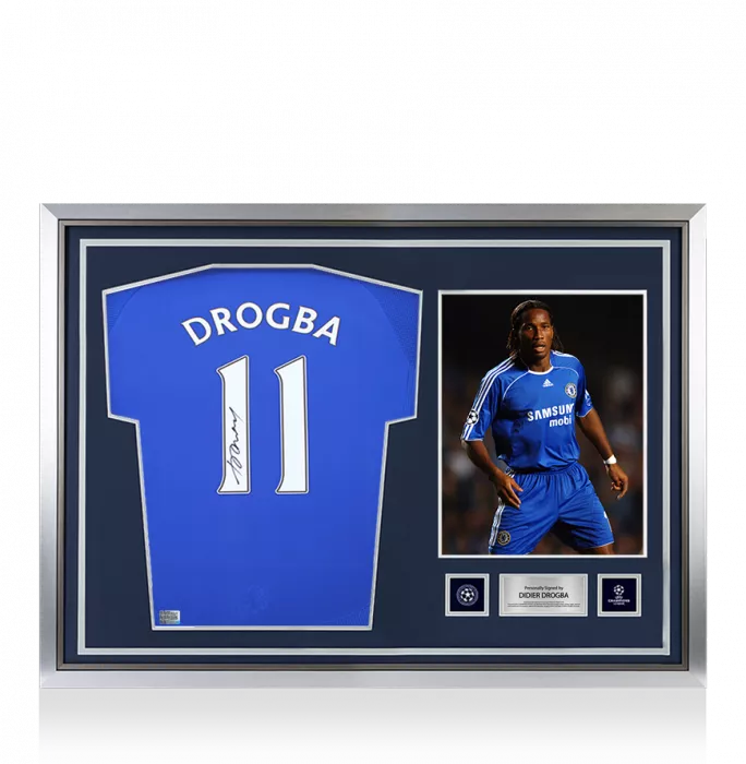 icons Didier Drogba Official UEFA Champions League Back Signed and Hero Framed Chelsea 2006-08 Home Shirt with Fan Style Number