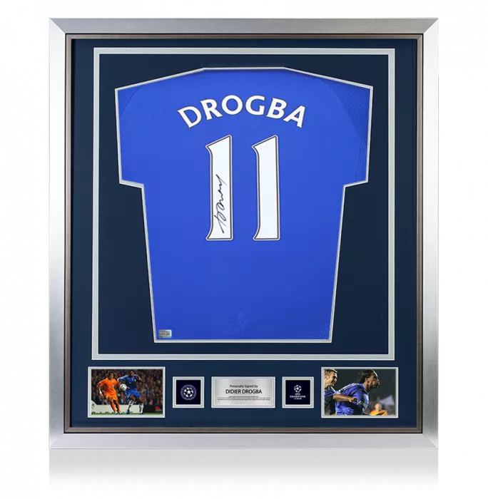 icons Didier Drogba Official UEFA Champions League Back Signed and Framed Chelsea 2006-08 Home Shirt with Fan Style Number