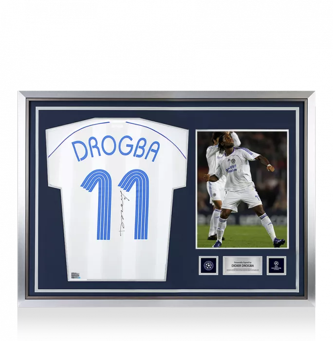 icons Didier Drogba Official UEFA Champions League Back Signed and Hero Framed Chelsea 2006-07 Away Shirt